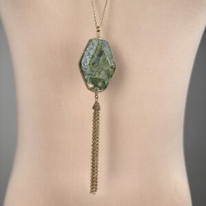 Vintage Green Jasper Tassel Long Chain Pendant Necklace